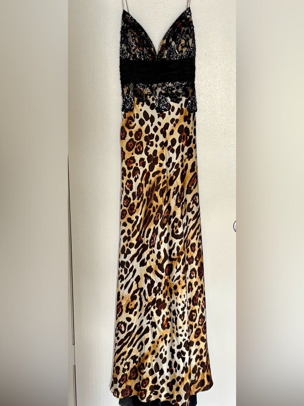 Vintage Sherri Hill Y2K Leopard Print & Black Lace Beaded Formal Gown Size 12